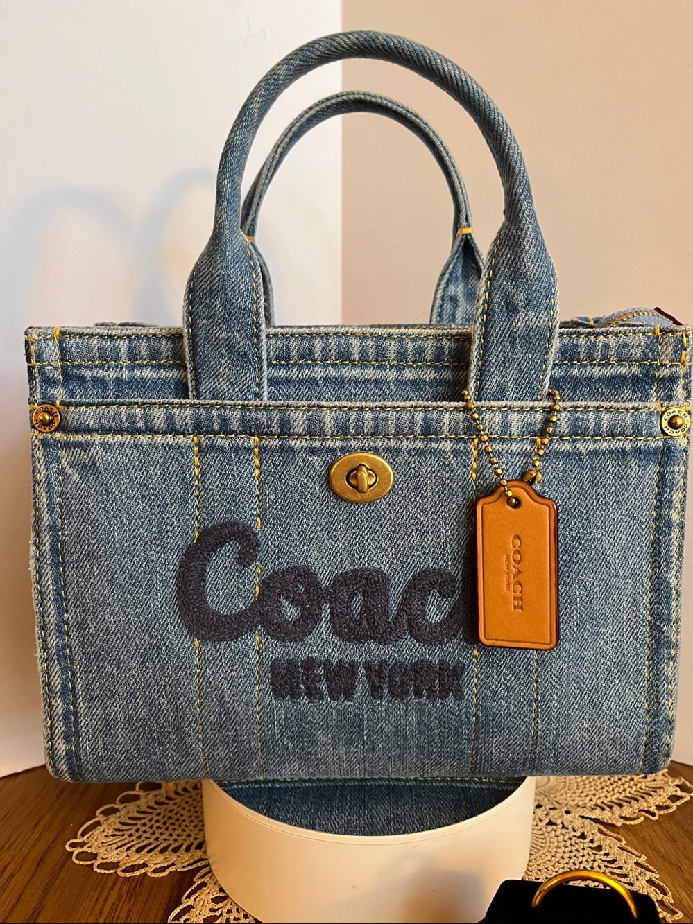 Coach Denim Embroidered Mini Tote in Light Blue with Tan Tag #CZ100